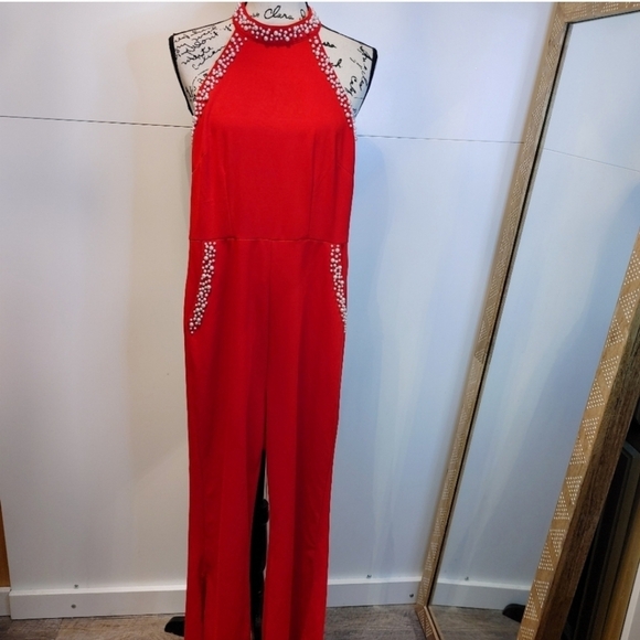 NanaMacs Pants - Red Jumpsuit with pearl and plunging back